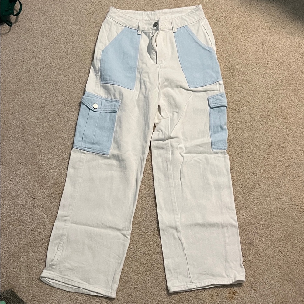 SHEIN white jean cargo pants with blue accents